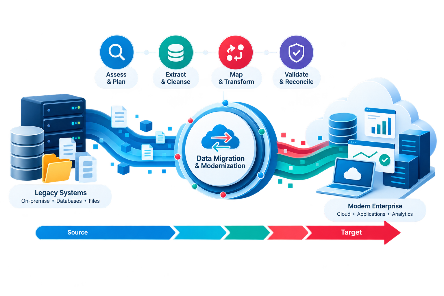 Data Migration & Modernization infographic showing legacy systems moving through assess & plan, extract & cleanse, map & transform, and validate & reconcile stages into a modern enterprise with cloud, applications, and analytics